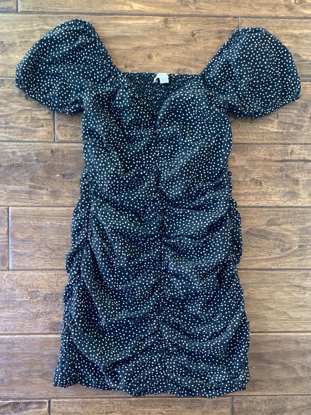 American Eagle Mini Dress Black White Polka Dot Ruched Smocked Womens Medium
